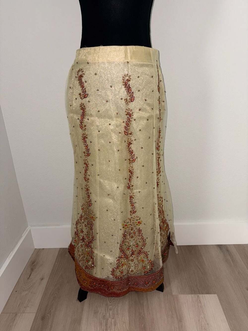 Vintage Gold and Red Embroidered Net Lehenga Skirt